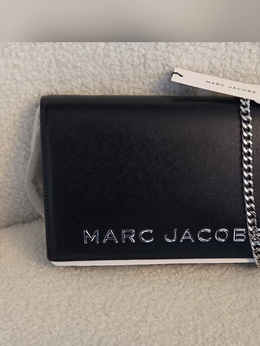 Marc Jacobs Black Leather Crossbody with Silver Logo and Chain